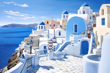 a white and blue buildings with blue domes - obrazy, fototapety, plakaty