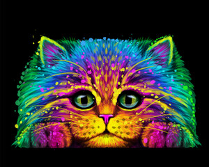 Abstract, multicolored portrait of a fluffy cat in watercolor style on a black background. - 750746109