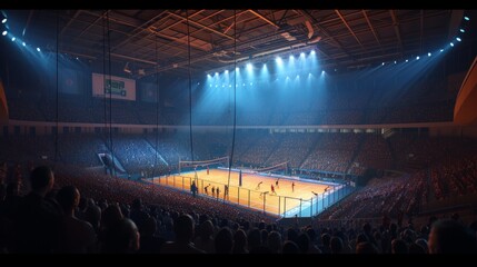 Professional volleyball court in the spotlight at a bustling and energetic sports arena