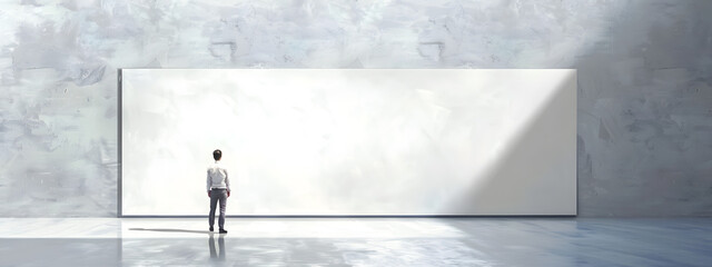 A man standing in front the blank white billboard sign. copyspace banner for text.