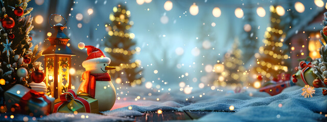 Christmas lights blur through water droplets on a window, hinting at a cozy winter scene, snowman in holiday. Banner design with copyspace. 
