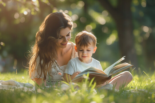 Mother and son reading a book in nature. Serene setting in nature with mom and boy child in sitting in a forest park.