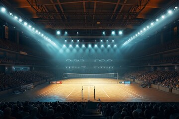 Bustling sports arena featuring a professional volleyball court, players in competitive spirit
