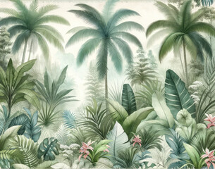 Fototapeta na wymiar Landscape Forest wallpaper with tropical leaves And Palm Tree . Hand Drawn Design. Luxury Wall Mural , wall art , old vintage drawing , Watercolor 