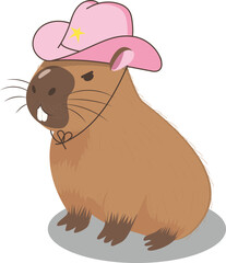 A funny angry capybara wears a pink cowboy hat. Cartoon flat vector style. Postcard, poster, sticker. 