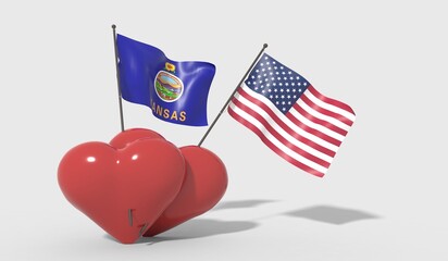 Cuori uniti da una bandiera Kansas e bandiera USA