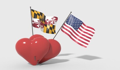 Cuori uniti da una bandiera Maryland e bandiera USA