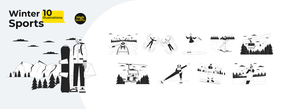 Winter sports activities black and white cartoon flat illustration bundle. Outerwear snow diverse 2D lineart characters isolated. Snowboarding ski resort monochrome vector outline image collection