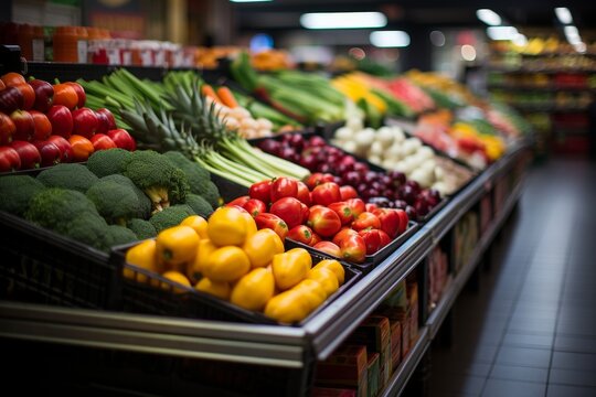 Shopper perspective, POV, down a brightly lit grocery store aisle, with a shopping cart, fresh produce and packaged goods on display aisles