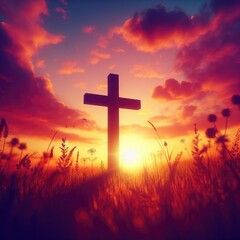 Fototapeta na wymiar The cross standing on meadow sunset and flare background. Cross on a hill as the morning sun comes up for the day. The cross symbol for Jesus Christ. Easter background concept and The crosses sign. 