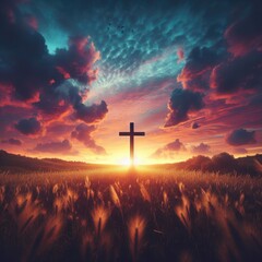 The cross standing on meadow sunset and flare background. Cross on a hill as the morning sun comes up for the day. The cross symbol for Jesus Christ. Easter background concept and The crosses sign.	