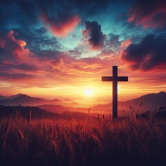 The cross standing on meadow sunset and flare background. Cross on a hill as the morning sun comes up for the day. The cross symbol for Jesus Christ. Generative AI. - obrazy, fototapety, plakaty