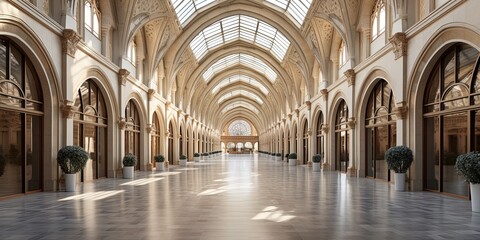 Fototapeta na wymiar The grand arcade of this symmetrical building, with its vaulted ceilings and arched windows, resembles a cathedral or church, exuding an air of majesty and serenity within its indoor
