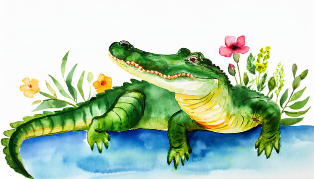 Watercolor illustration of cute green crocodile. Wild animal. Hand drawn art.