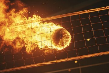 Dramatic impact as a lazing volleyball smashes into the opposing court, setting the net ablaze