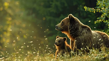 Fotobehang Brown bear, ursus arctos, mother with two cubs on green meadow with copy space. Wide panoramic banner of wild mammal with her lovely offsprings. Animal wildlife in summer nature. AI Generated. © Gosgrapher