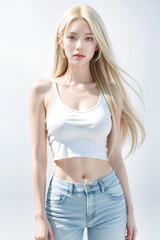 Naklejka premium Gorgeous Young Female Model - Fashion or Cosmetics Model - White Top and Blue Jeans - Flawless Skin and Fine features - Beautiful Smooth Hair