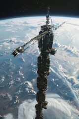 Obraz premium Towering Space Elevator: Carbon Nanotube Structure Linking Earth to Geostationary Orbit for Material and Passenger Transport