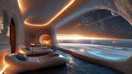 Luxurious Space Hotel with Saturn Ring Panorama: Zero-Gravity Observation Deck for Breathtaking Views