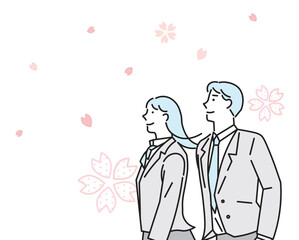 上を見上げる未来のある学生男女ー横顔ー卒業または入学ー人物シンプルベクターイラスト素材

