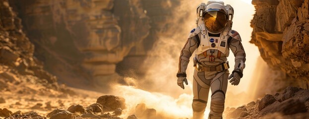 Astronaut Testing Exosuit in Extreme Alien Terrain: Enhanced Mobility among Towering Cliffs and Dust Storms - obrazy, fototapety, plakaty
