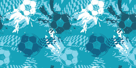 Soccer ball silhouette pattern. Grunge seamless background with print and soccer ball. Blue and white football print with checkered flag grid © Kseniia Koval