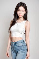 Gorgeous Young Female Model - Fashion or Cosmetics Model - White Top and Blue Jeans - Flawless Skin and Fine features - Beautiful Smooth Hair