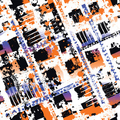 Grunge Seamless Tile Pattern with checkered elements, stripes, splatters. Madras print. Grunge textured geometric print for Plaid, textile, sport clothes, wrapping paper. Orange, black and white print