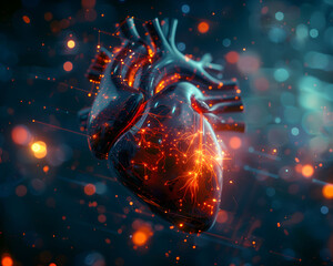 recreation of a human heart in a futuristic and modern environment. - obrazy, fototapety, plakaty