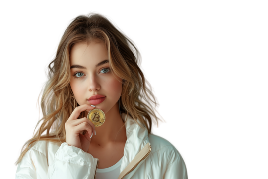 Portrait of young woman holding physical golden bitcoin cryptocurrency, transparent background