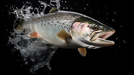A large salmon or trout jumps out of the water on a black background.