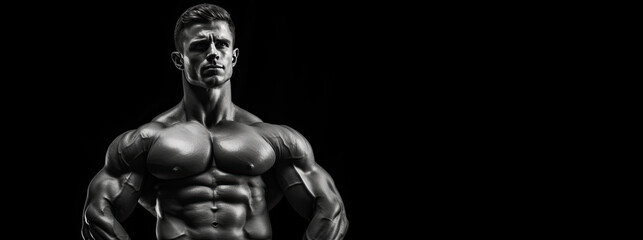 Fototapeta na wymiar Male bodybuilder in black and white. Advertising banner layout for a gym or fitness trainer.