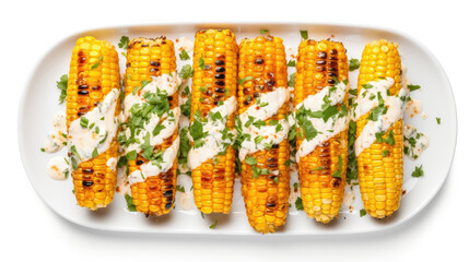Top view of a row of sweet grilled corn in a plate topped with white sauce.