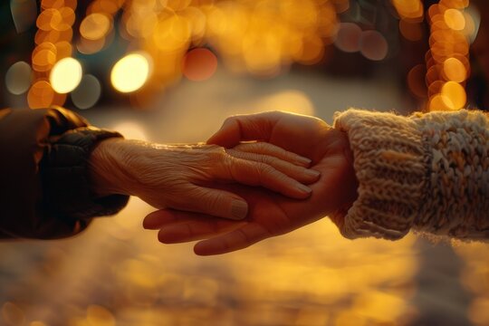 Close-up of a loving couple's hands holding each other, symbolizing the bond of family and togetherness in nature