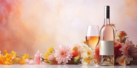 A bottle and glass of rose wine on the table with spring chrysanthemum flowers.