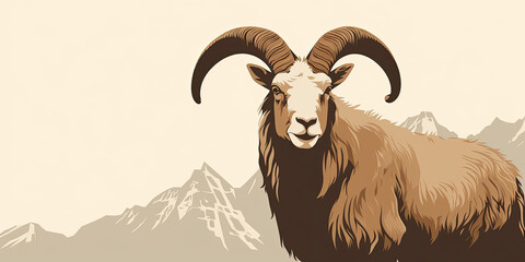 A minimalist highland goat in beige and brown tones with mountains in the background. Simple vintage illustration of livestock.
