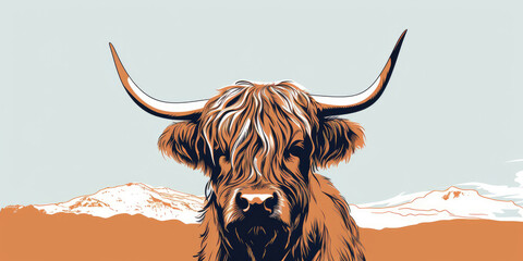 A minimalist highland cow in beige and brown tones with mountains in the background. Simple vintage livestock illustration.