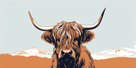 Fotobehang A minimalist highland cow in beige and brown tones with mountains in the background. Simple vintage livestock illustration. © OleksandrZastrozhnov