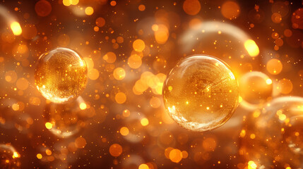 Abstract orange particles of liquid Glowing orbs background. Shiny transparent gradient backdrop. Strong depth of field - obrazy, fototapety, plakaty