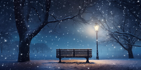 Snow falls on an empty Park Bench at Night in Winter, Snow-covered trees illuminated by lanterns in a park - obrazy, fototapety, plakaty