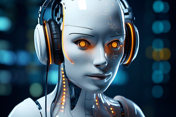 Robot With Headphones and Glowing Eyes. AI music. AI generated - 750751112