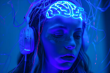 Woman Wearing Headphones With a Glowing Brain. AI generated - 750751132