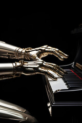 Robot Hand Playing Piano in Dark Room. AI generated - 750751140