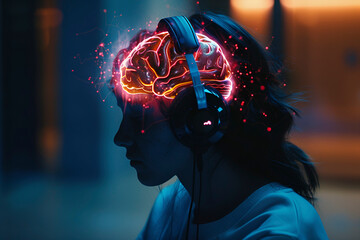 Person Wearing Headphones With Glowing Brain. Music power concept. AI generated - 750751141