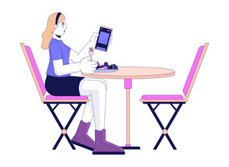 Fototapeta premium Blonde woman on phone while eating 2D linear cartoon character. Caucasian female scrolling smartphone isolated line vector person white background. Girl sitting at table color flat spot illustration