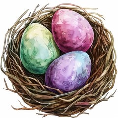 Painted Easter eggs, the color of space, in a wicker nest. Sticker. 3d decorative elements for spring or Easter holidays. Suitable for promotions or website icons.