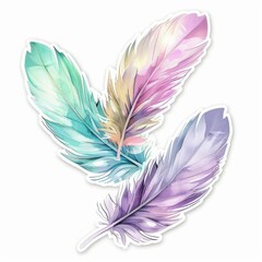 There are three feathers, purple, green, pink.  a delicate color.   Sticker. 3d decorative elements for spring or Easter holidays. Suitable for promotions or website icons.