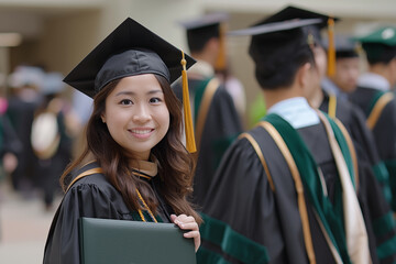 Portrait of Asian girl student graduate during graduation ceremony at university, proud college woman holding her diploma and wearing graduation cap and gown - 750751555