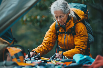 senior woman preparing ropes and the rest of the equipment to start climbing.