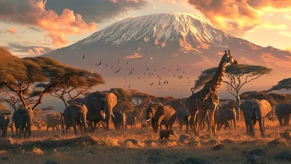 Rideaux velours Kilimandjaro Group of many African animals giraffe, lion, elephant, monkey and others stand together in with Kilimanjaro mountain on background. AI Generated.